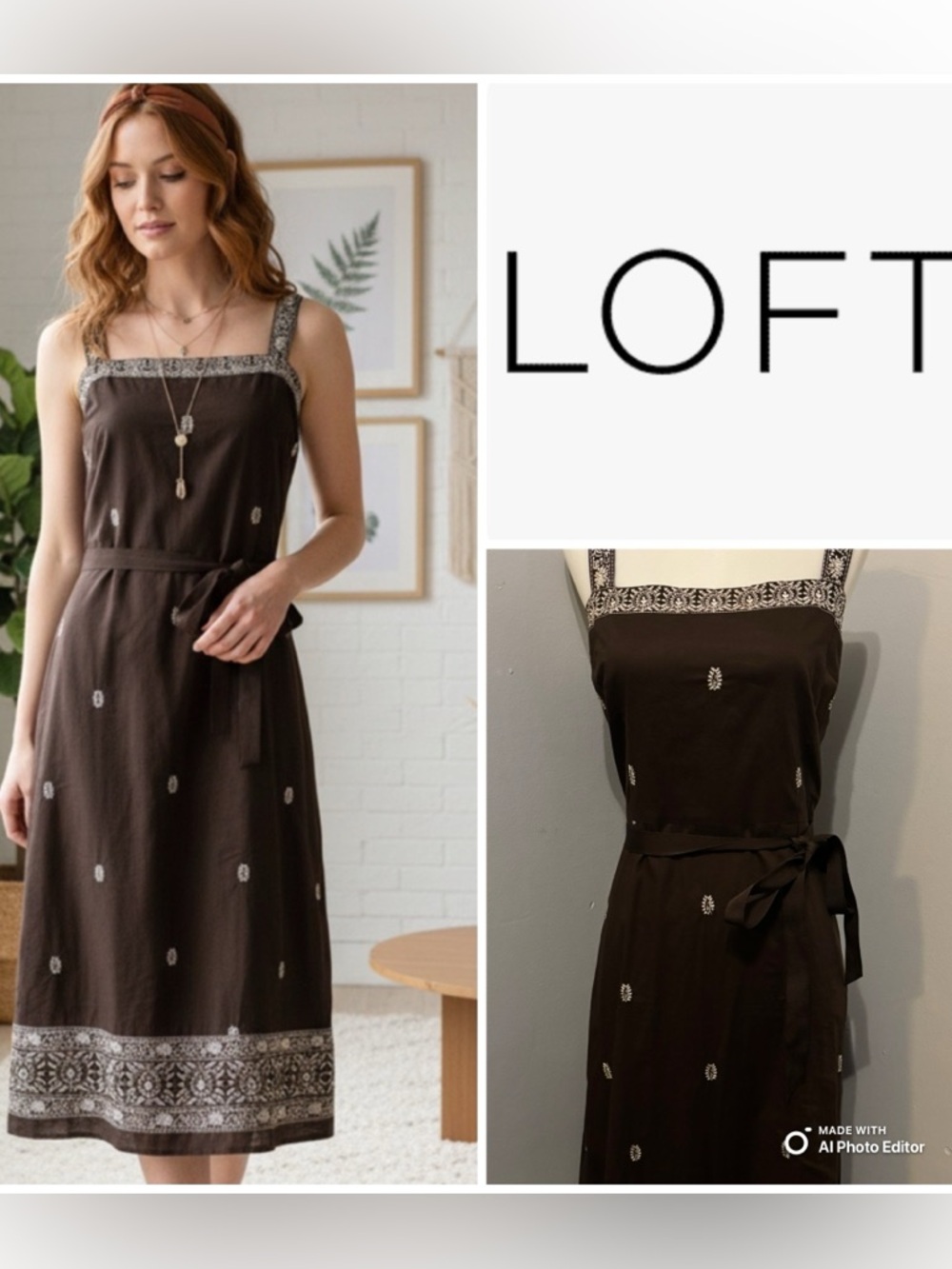 LOFT Brown Embroidered Square-Neck Midi Dress